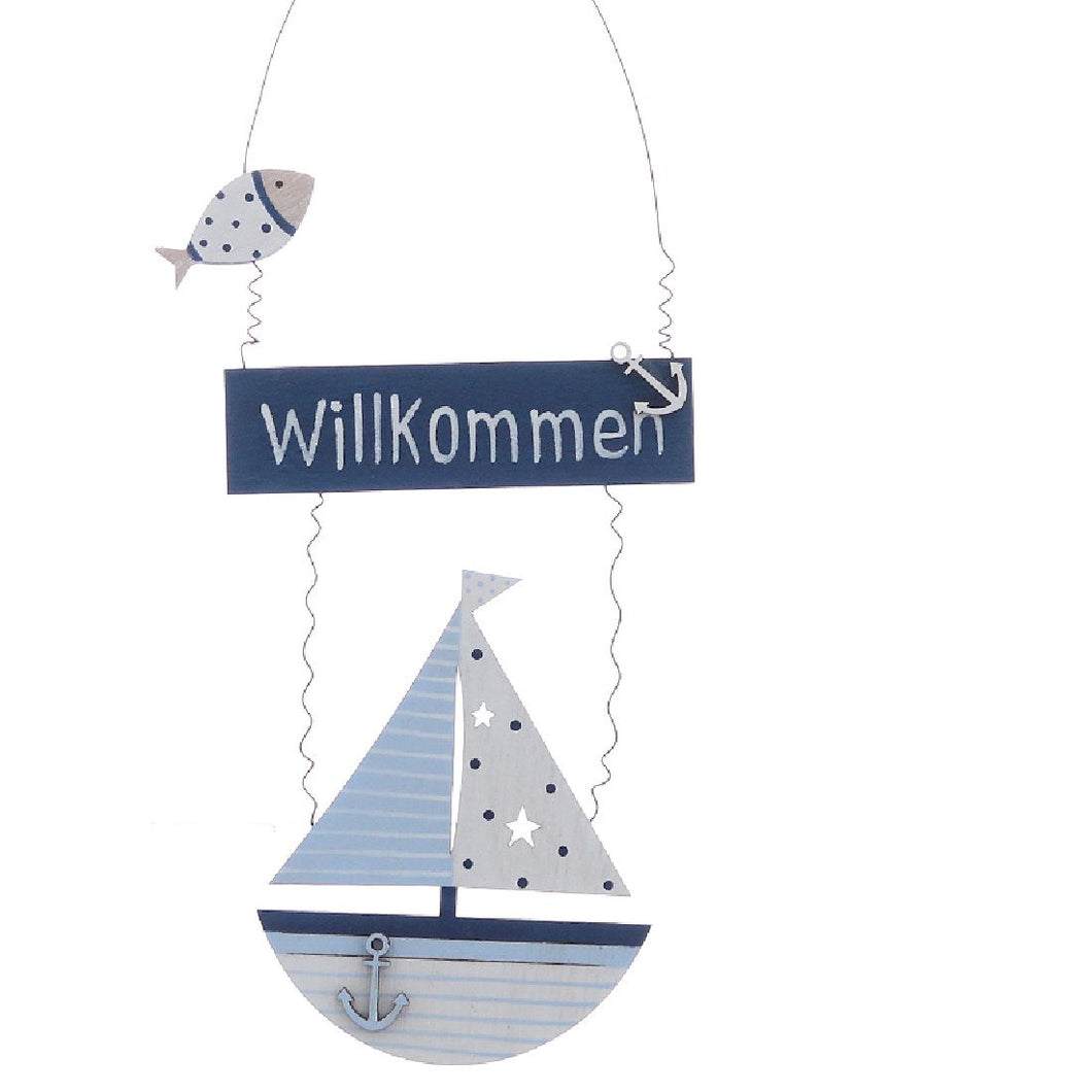 Türhänger Segelboot mit Spruch Willkommen / Länge:30cm / Holz-Metall